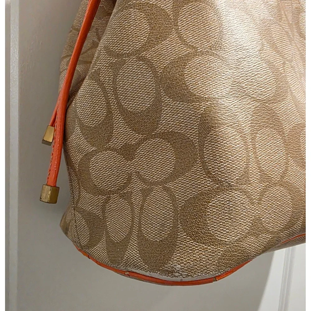 Coach‎ Heritage Stripe Drawstring Tote Bag Khaki Orange Signature Canvas F18923